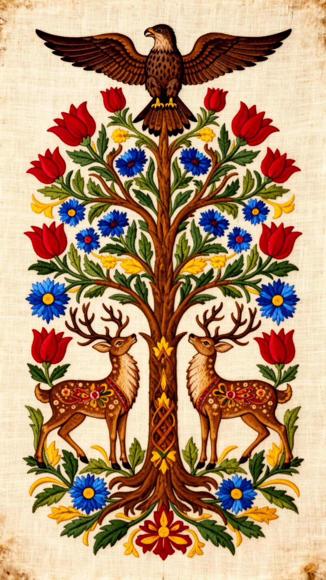 Hungarian folk Tree of Life with Turul falcon and two stags